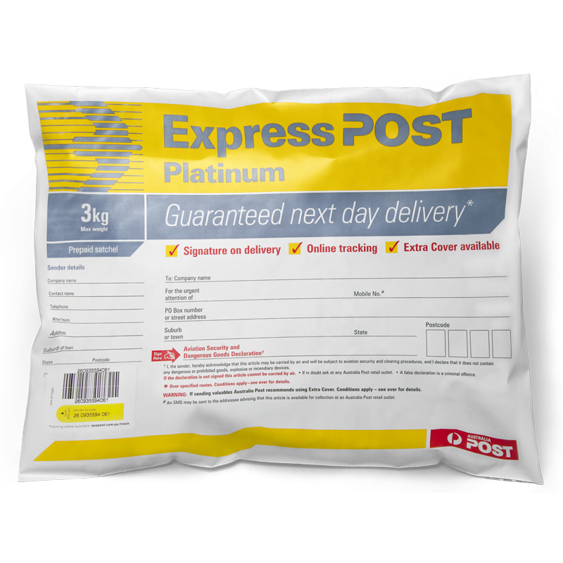 Post 500. Express Post. Australia Post Satchel tracking Sticker. Extra additional products work do Business. Does we impair prepayment.